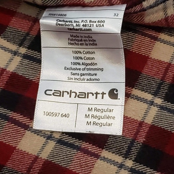 Carhartt Size Medium Plaid Relaxed Fit Long Sleeve Button Shirt Cotton Red - Picture 6 of 12